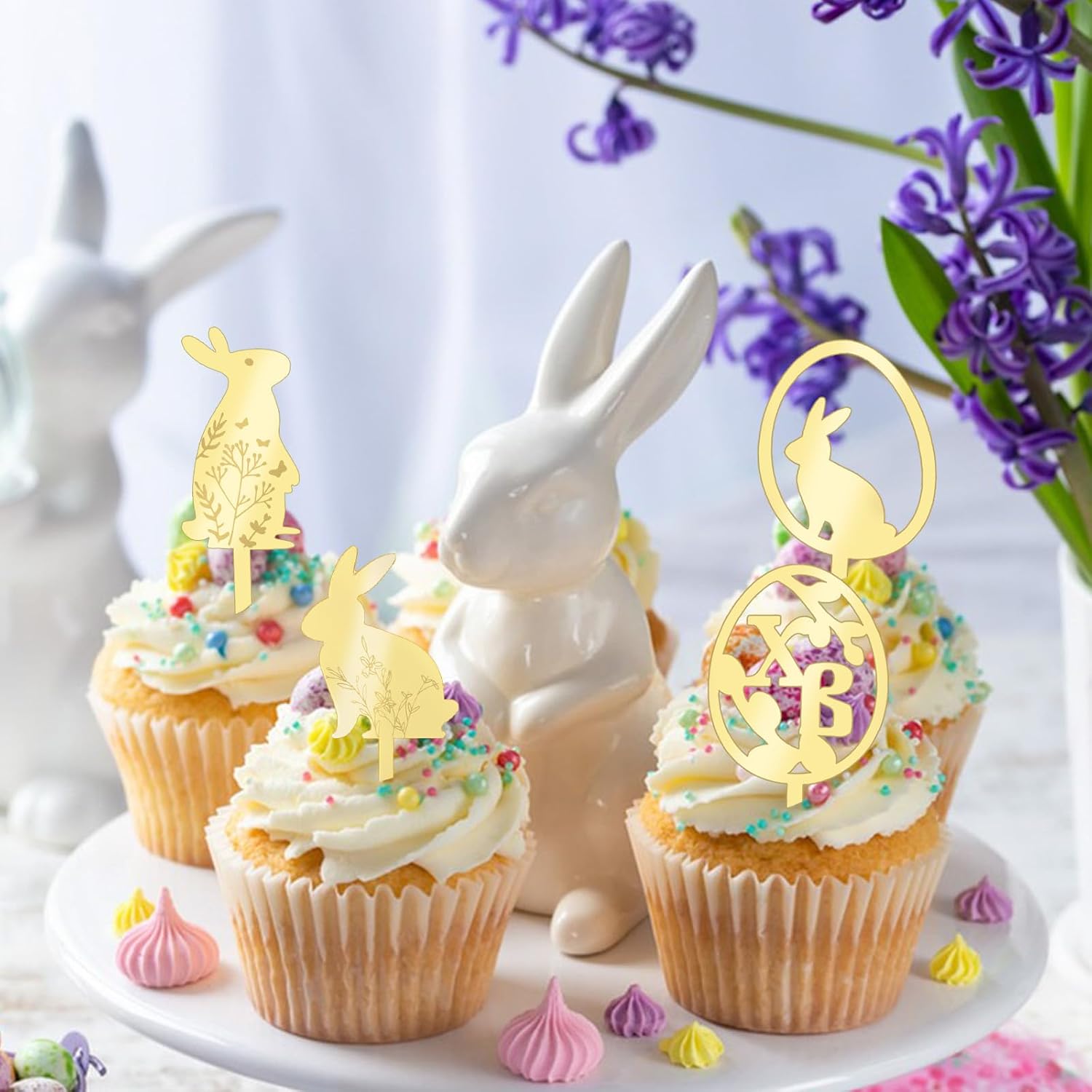 15Pcs Easter Gold Rabbit Cake Charms Mirror Acrylic Cake Picks, Happy Easter Cupcake Toppers Set, Party Fruit Desserts Decor Supplies