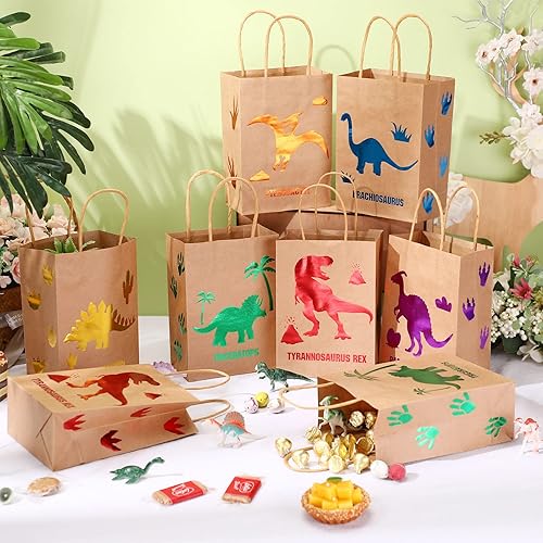 Miniatura 9 de 24 bolsas de regalo de fiesta de dinosaurio con asa, bolsas de regalo de papel kraft de dinosaurio, bolsas de regalo para niños y niñas, temática de