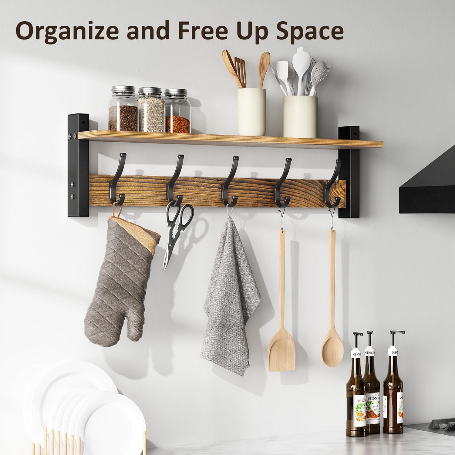Optish Coat Rack Wall Mount with Shelf, 24 Inch Coat Hanger Walls Mounted, Hat Rack for Walls, Shelf with 5 Coat Hooks, Wall Hanger for Entryway (Brown)