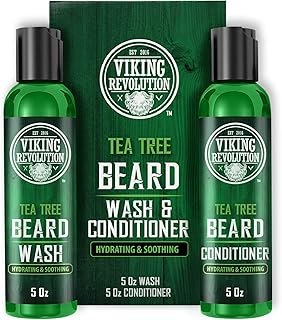 Viking Revolution Tea Tree Oil Beard Wash and Beard Conditioner For Men - Natural Beard Softener Set with Argan Oil, Vitamin E and Ginseng - Tea Tree Beard Shampoo and Conditioner Set (5 Oz)