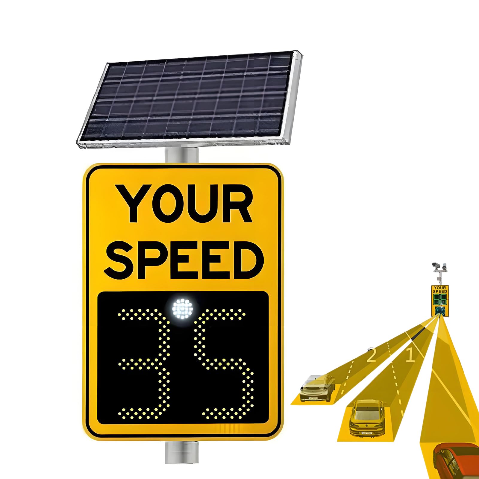 Señal de retroalimentación de radar alimentada por energía solar con pantalla LED para monitoreo de límite de velocidad y seguridad del tráfico