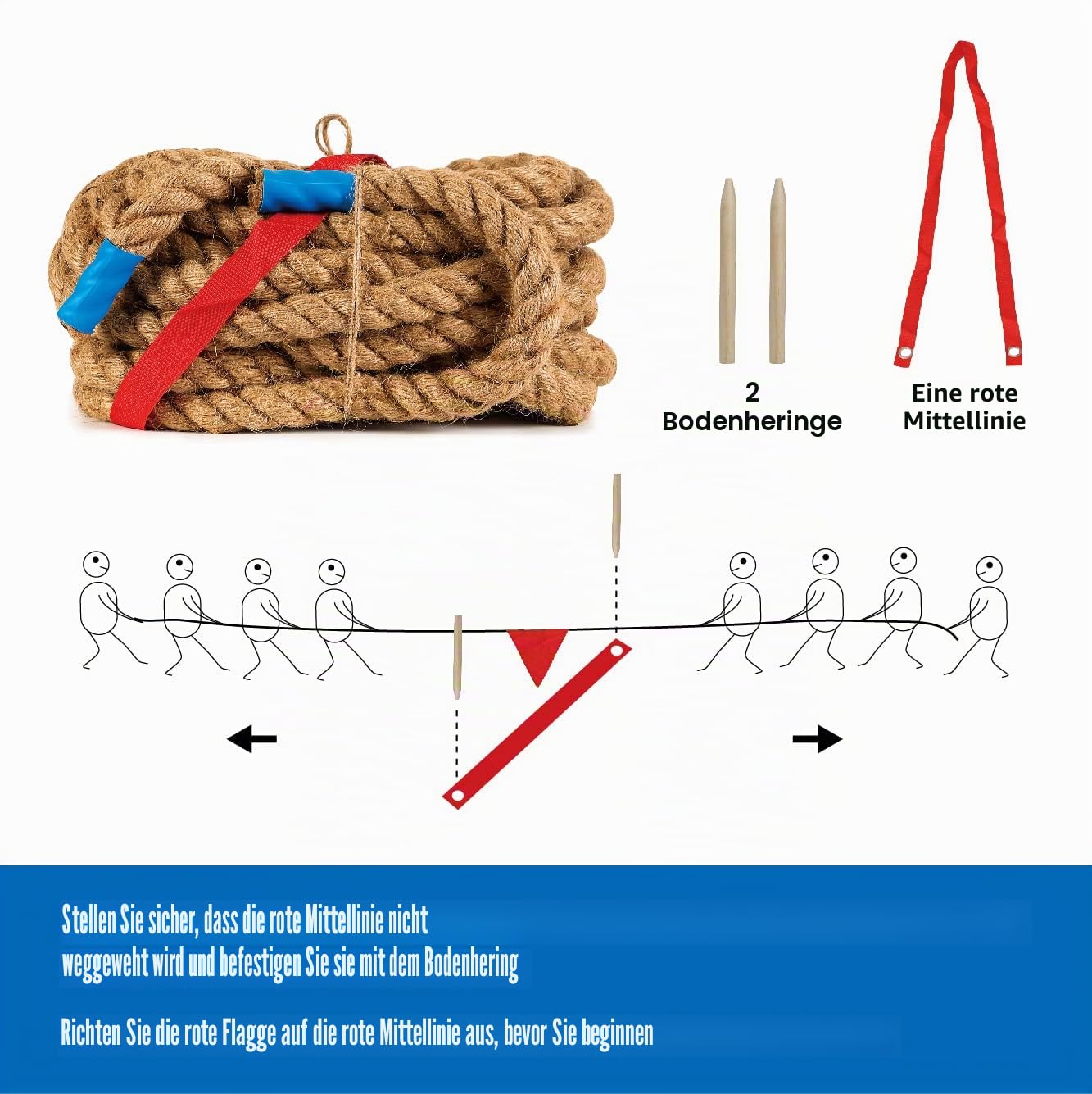 Tauziehseil mit Flagge für Kinder und Erwachsene, weiche natürliche Jutefaser-Seil für Feldtag, Teambau, Party, Spiel, Camping, Hinterhof, Outdoor-Spiele, 6 m lang, Braun