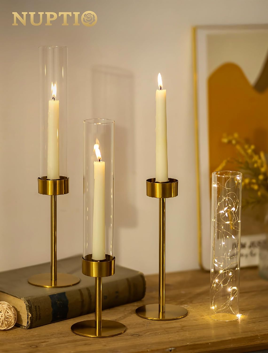 NUPTIO Hurricane Candle Holder for Centerpiece: Set of 6 Gold Taper Candle Holders Bulk - Tall Brass Candlestick Holders with Cylinder Shape Cover for Dinner Table Christmas Decor - Image 3