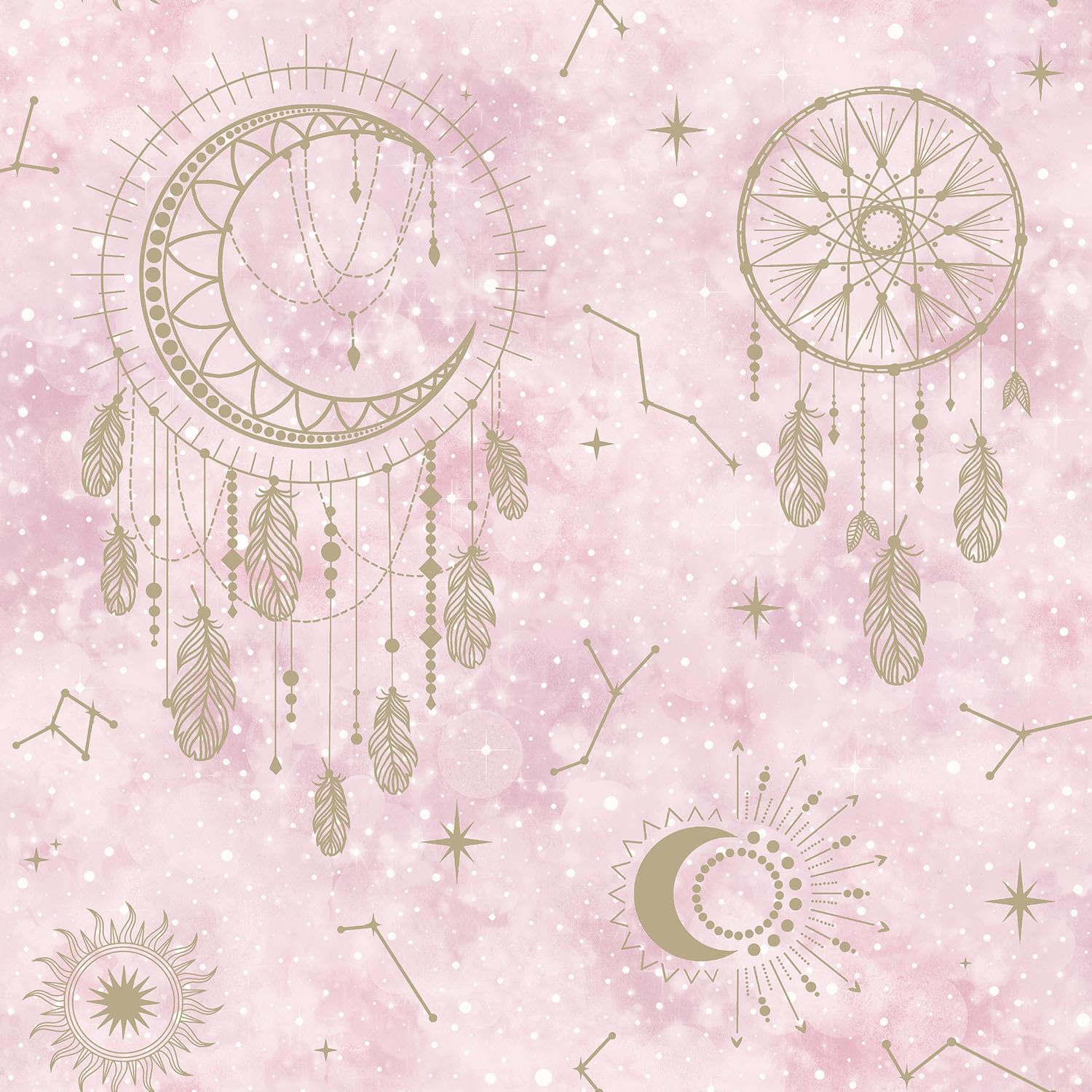 Dreamcatcher Pink Gold Wallpaper Children's Bedroom Stylish Feature Wall Kids Nursery Stars Feathers Sun Moon