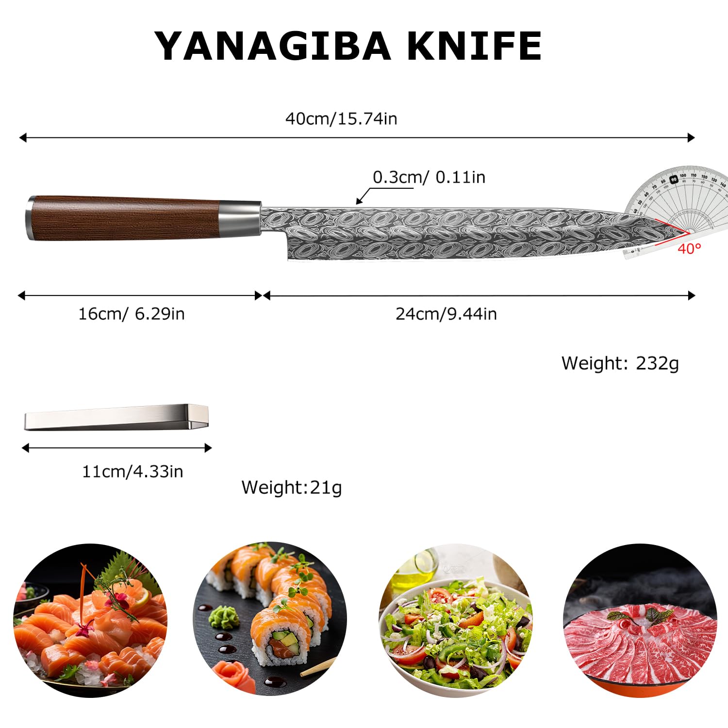 24cm Yanagiba Messer 5Cr15MoV Edelstahl, Sashimi Sushi Messer Einzelfase Klinge-Japanisches Kochmesser Profi Fischmesser Holzgriff -mit Fischgrätenpinzette (Style A)