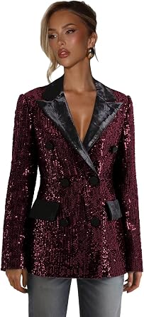 Sequin Blazers for Women Business Casual Double Breasted Sparkly Suit Jacket for Party V Neck Womens Blazer with Pockets