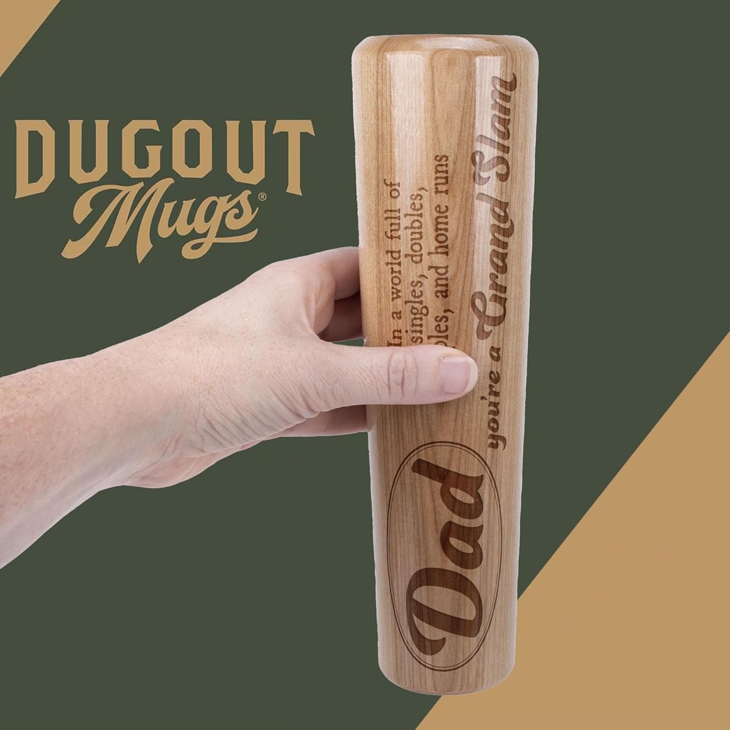 DUGOUT MUGS| Baseball Bat Mug, Double Sealed Drinking Cup For Sports Fans, 12 Oz Solid Wood, Dad You're a Grand Slam