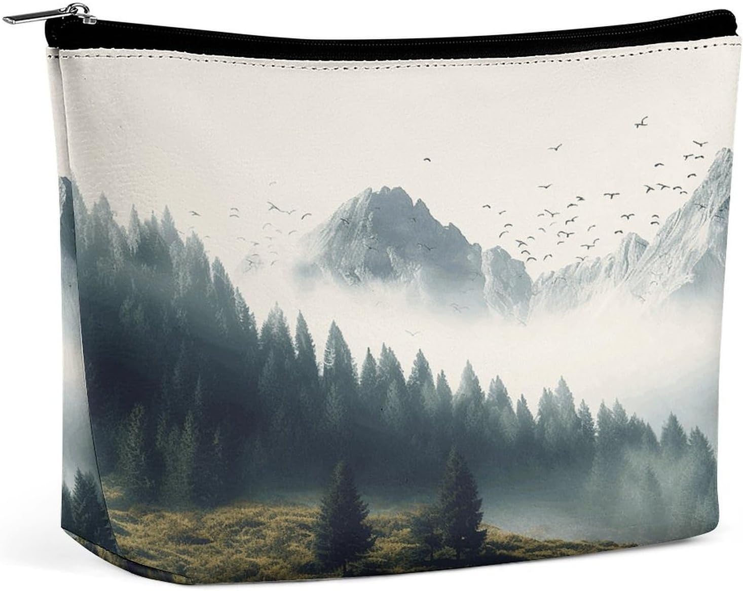 Large Capacity Pu Leather Cosmetic Bags for Women Travel Makeup Bag with Zipper Portable Waterproof Landscape Mountain Toiletry Bags Fashion Coin Purse Elegant Cosmetic Pouch