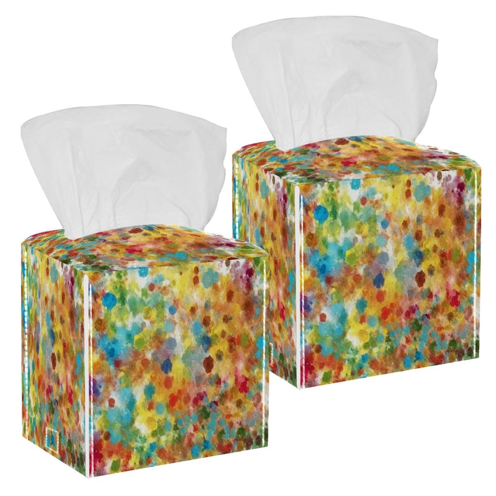 Watercolor Art Tissue Box Cover, 2 Pack PU Leather Square Facial Tissue Dispenser Box holder for Home Office Car