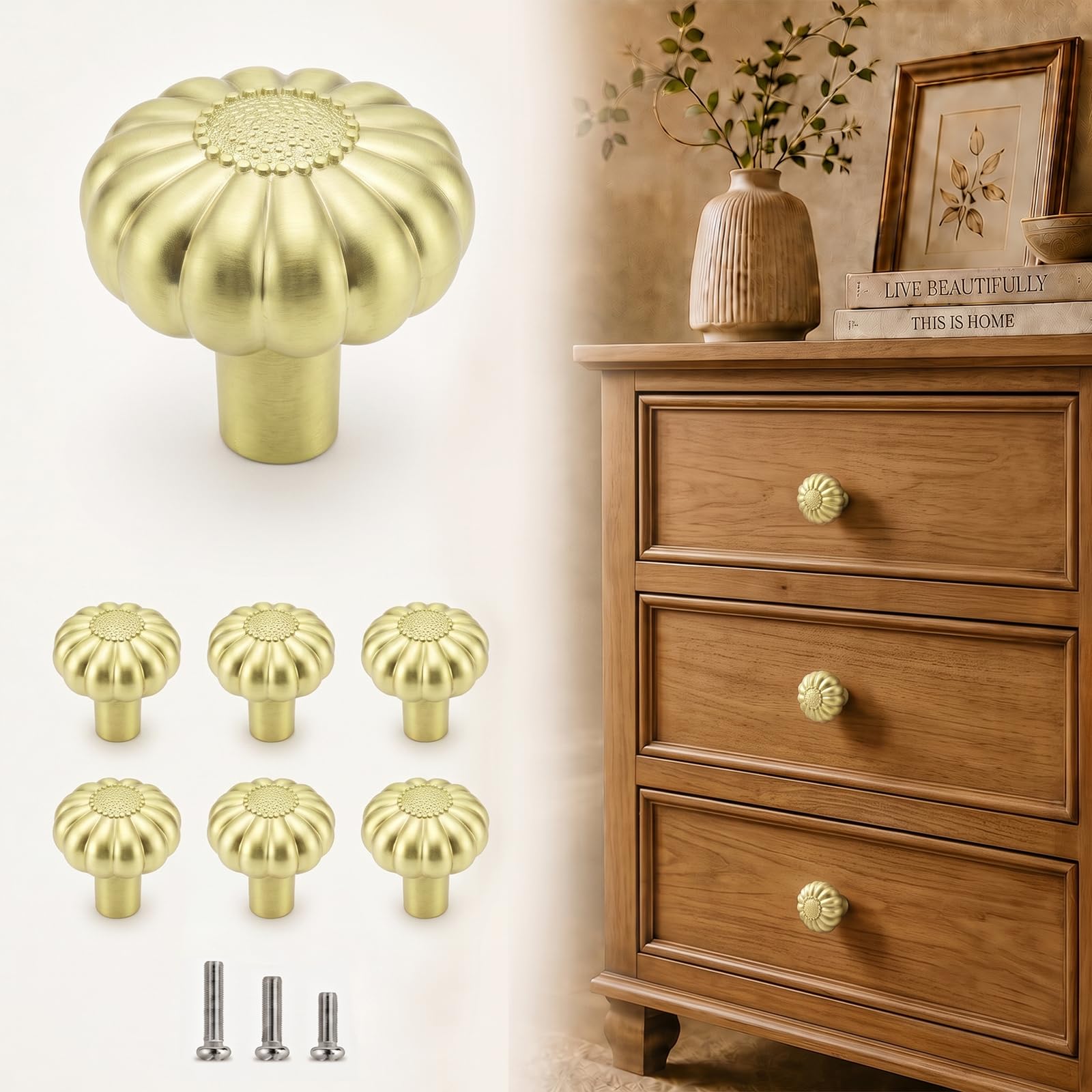OAMCEG 6 Pack Vintage Cabinet Knobs - Gold Floral Drawer Knobs, Antique Brass Round Cupboard Handles, Decorative Furniture Door Knobs for Kitchen Cabinets, Wardrobes and Drawers
