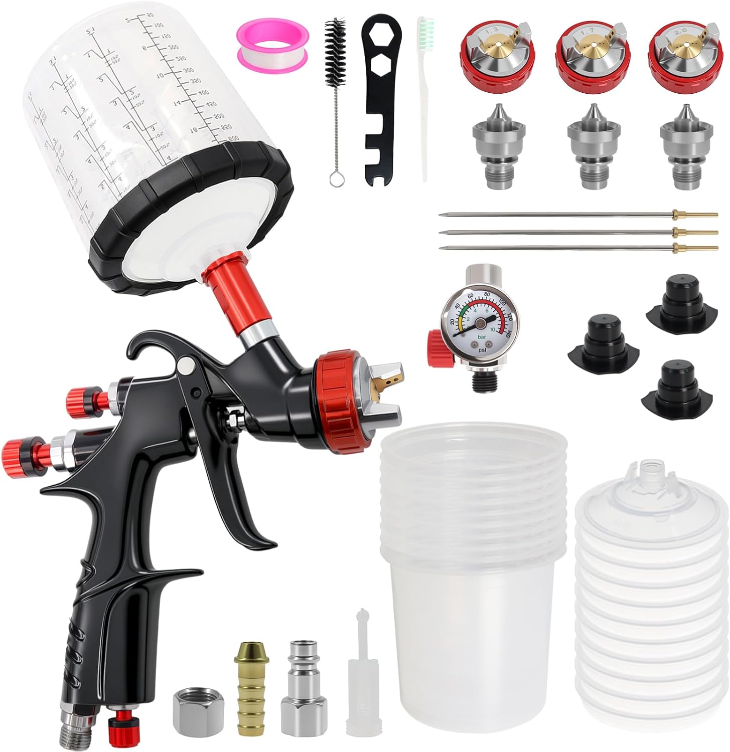 R500 LVLP Air Spray Gun Kit with 10 Disposable Cups – Low CFM 18–30 PSI for Small Compressors, 1.3/1.7/2.0mm Nozzles, 650ml Cup, Regulator – Automotive, Furniture & DIY Painting
