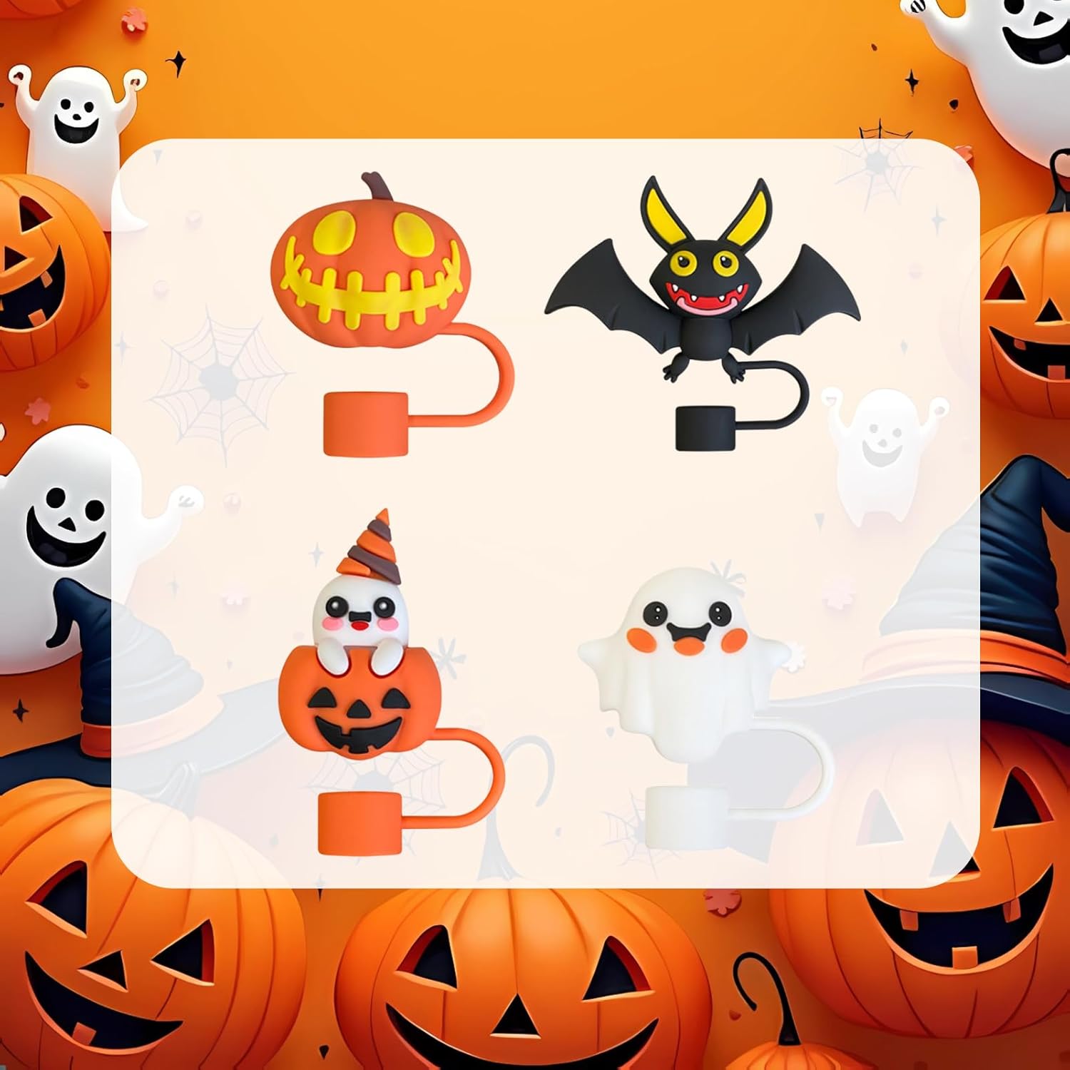 Halloween Straw Covers Cap for Stanley Cup 40&30 Oz, Reusable Silicone Straws Toppers Cute Halloween Design Ghost Pumpkin Bat Straws Tip Funny 10mm 0.4in Reusable Straw Lids for Part Cup Decoration - Image 5