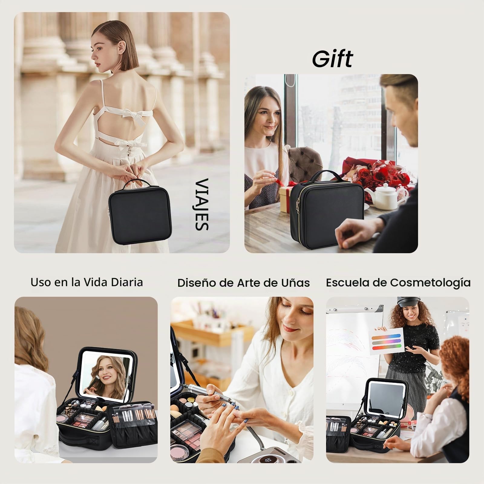 Neceser de Maquillaje Maletín de Maquillaje Gran Capacidad con Espejo Iluminado 3 Modos Organizador de Cosméticos Ajustable Estuche de Viaje para Mujer, Negro