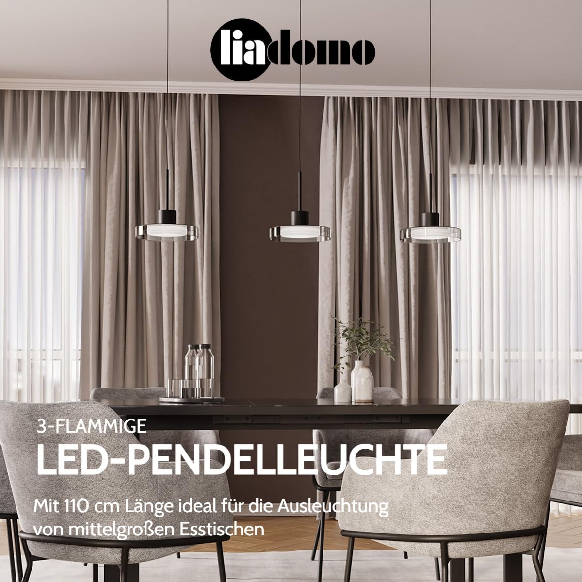 Pendelleuchte Volos, Glas Hängelampe 3-flammig, LED, dimmbar | modernes Design, Esstischlampe, höhenverstellbar, 110 cm Länge, Schwarz, Fernbedienung, 3000-6000K, Nachtlicht, Timerfunktion