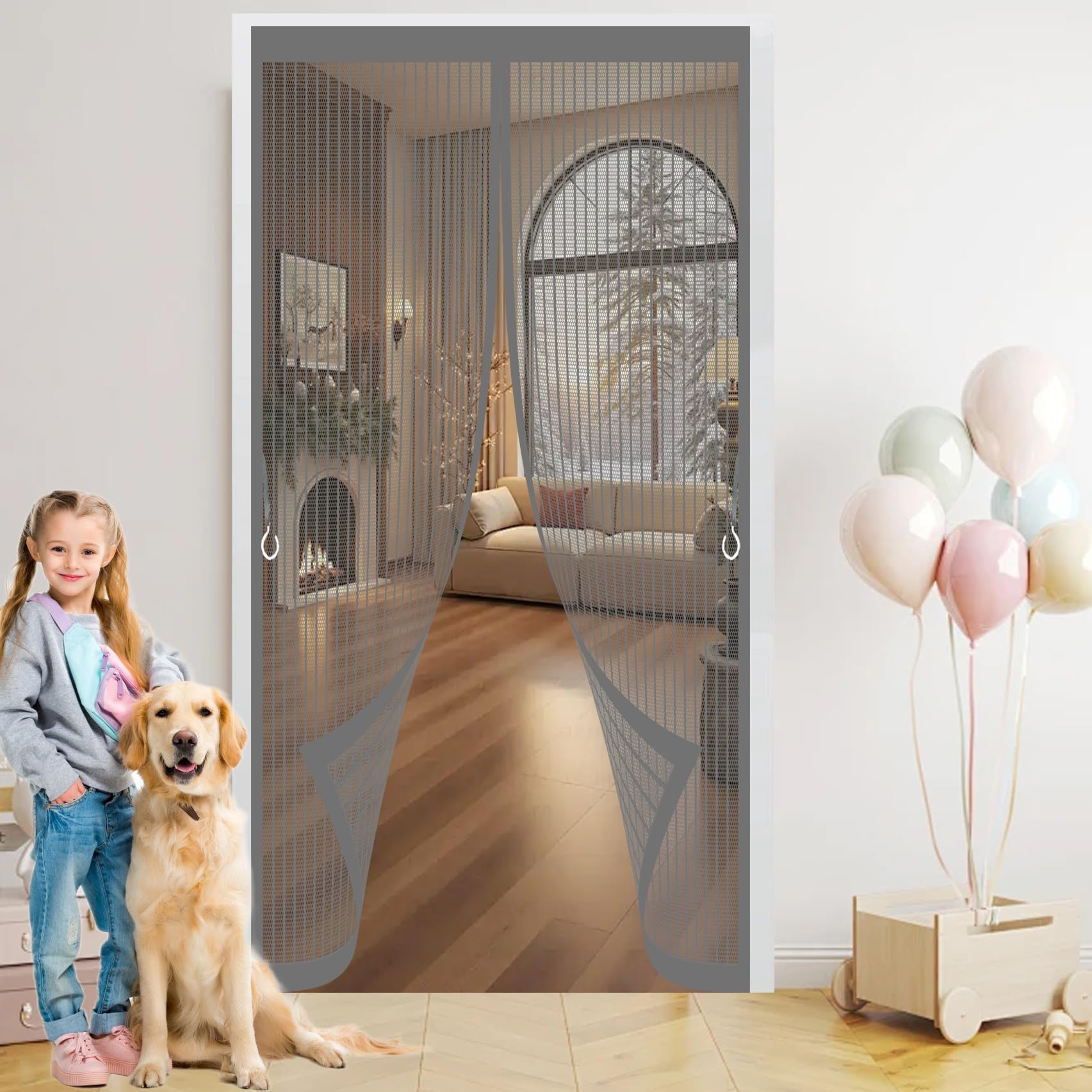 Magnetic Door Curtains Fly Screen 138 x 200 cm with Powerful Magnets & Full Frame Magic Tape No Gap, Lets Fresh Air in, Keep Bugs Out Insect Protection Door for Patio Doors Bedroom, Grey