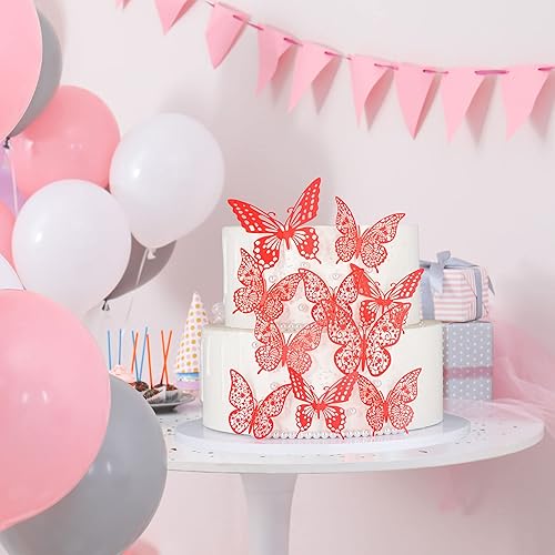 Miniatura 5 de Gyufise Paquete de 36 adornos de mariposa 3D con purpurina roja para cupcakes, decoración hueca para cumpleaños, boda, fiesta de hadas, calcomanías