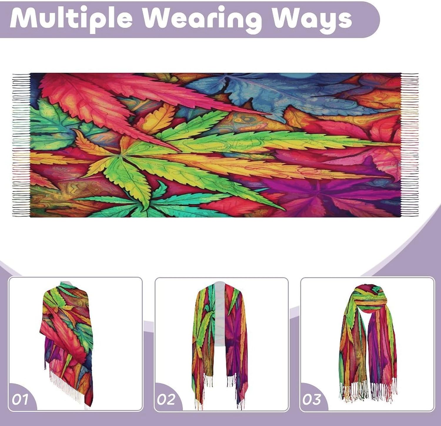 MultiColor Leaf Weed Art Scarf for Women Men Soft Warm Fashion Blanket Scarves Classic Cashmere Feel Scarf Long Shawl Large Scarves Cold Weather Thick Blanket Scarfs