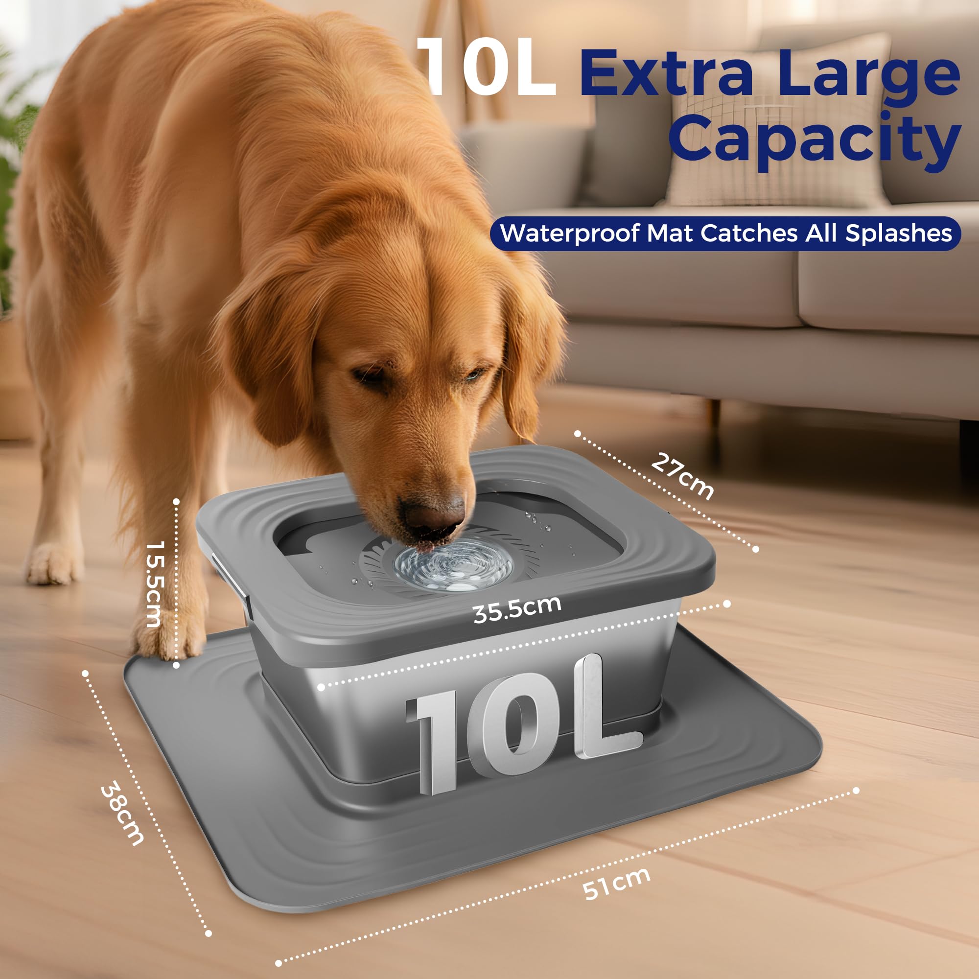 Gamelle d'eau pour Chien sans Déversement 10L, Gamelle en Acier Inoxydable Anti-Éclaboussure, Distributeur d'alimentation d'eau Lente avec Tapis Silicone pour Buveurs Désordonnés (Gris)