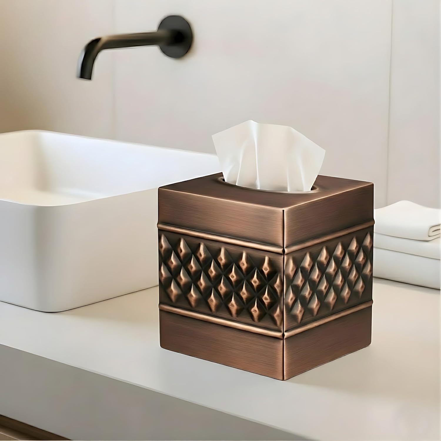Monarch Abode Tissue Box Cover Square – Handcrafted Geo Embossed Antique Copper Finish Metal Tissue Holder Box for Bathroom Accessory, Aesthetic Decorative Facial Napkin Cube for Modern Home Décor