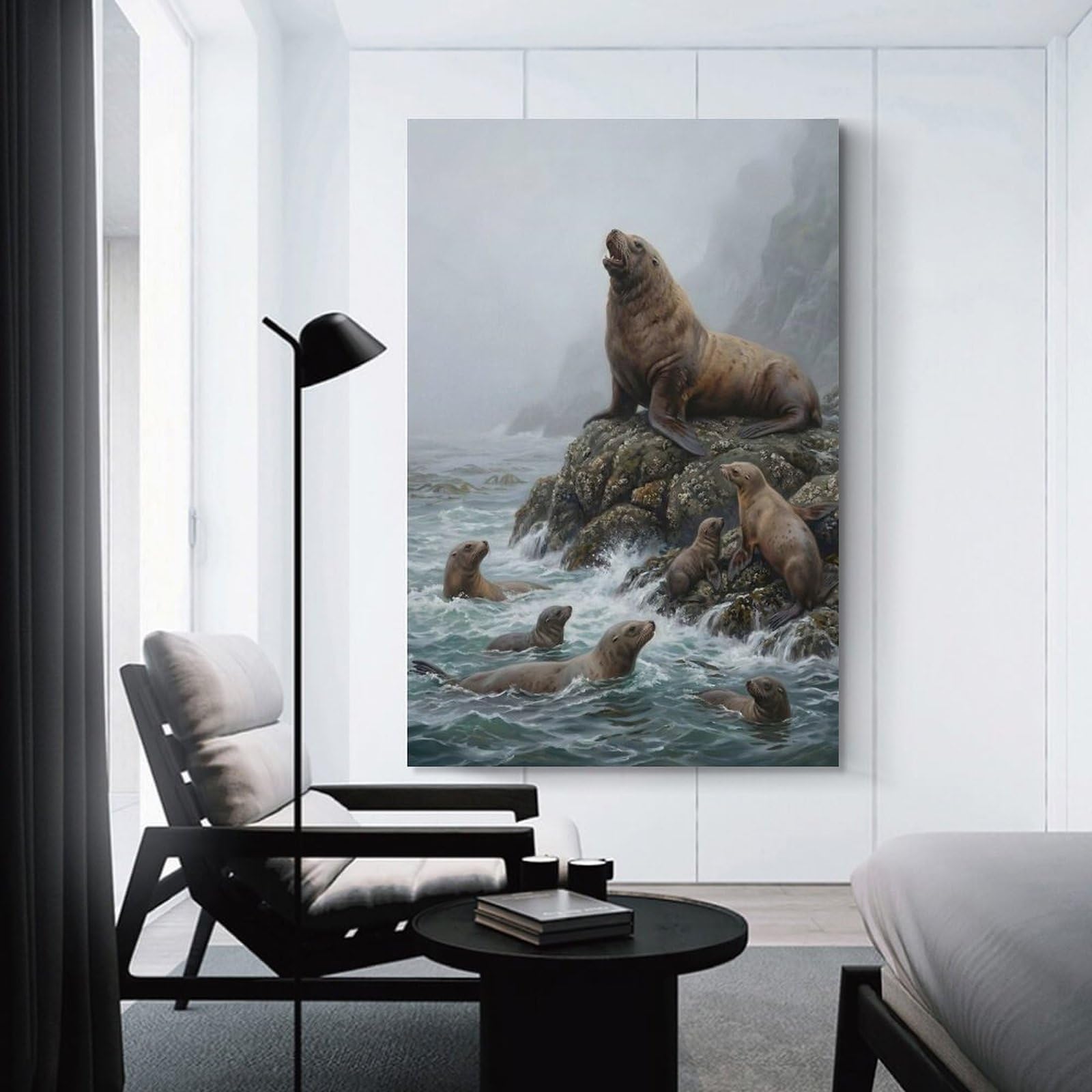Junmoney Canvas Art Print Sea Lions on Rocky Coast Painting, 24x36inch(60x90cm), for New Homes, Bedrooms Or Workspaces, Thoughtful Wall Decor for Art Lovers