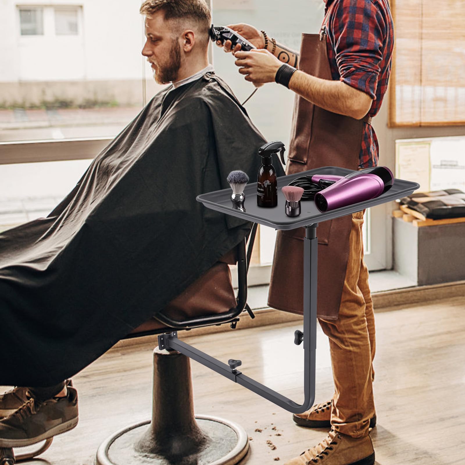 Dlinanta Salon Metal Tray Attached to Chair, 360-Degree Rotation Barber Chair Tray for Hairdressing Tools for Salon Barber Tattoo Tools Make-ups