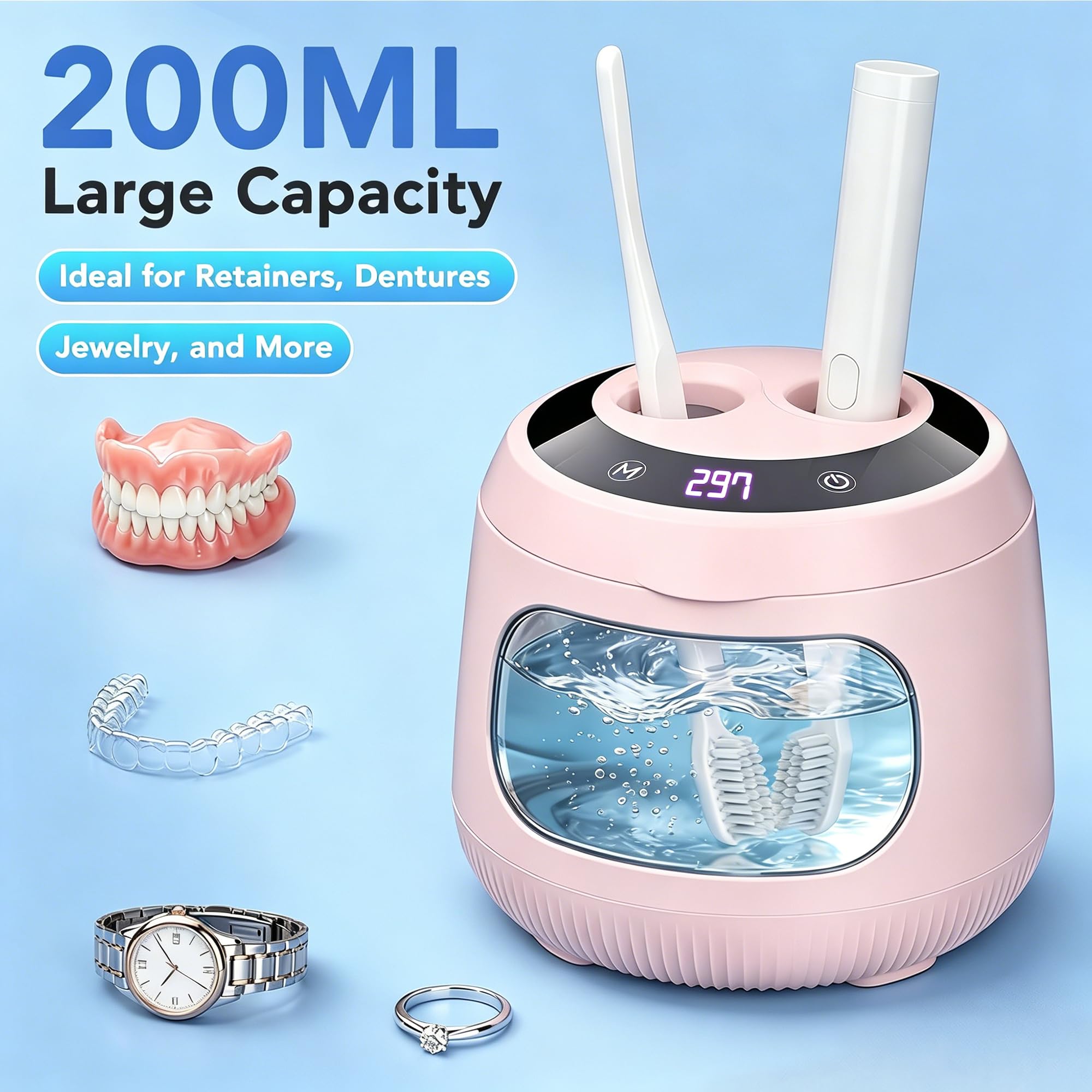 Xbeauty Macchina per la pulizia a ultrasuoni per protesi, 48 kHz con 4 modalità temporizzate, timer digitale da 200 ml per fermi, paradenti, bretelle, allineatori, spazzolini da denti e gioielli, rosa