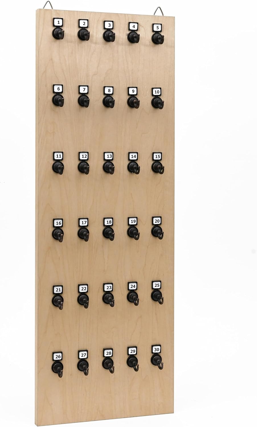 Key Holder 30MMN, Melamine Maple Finish Board with 30 Metal Hooks and PVC Name Plates, Wall Mount and Ideal for Narrow Spaces, Include 30 Key Rings and Tags, Made in USA