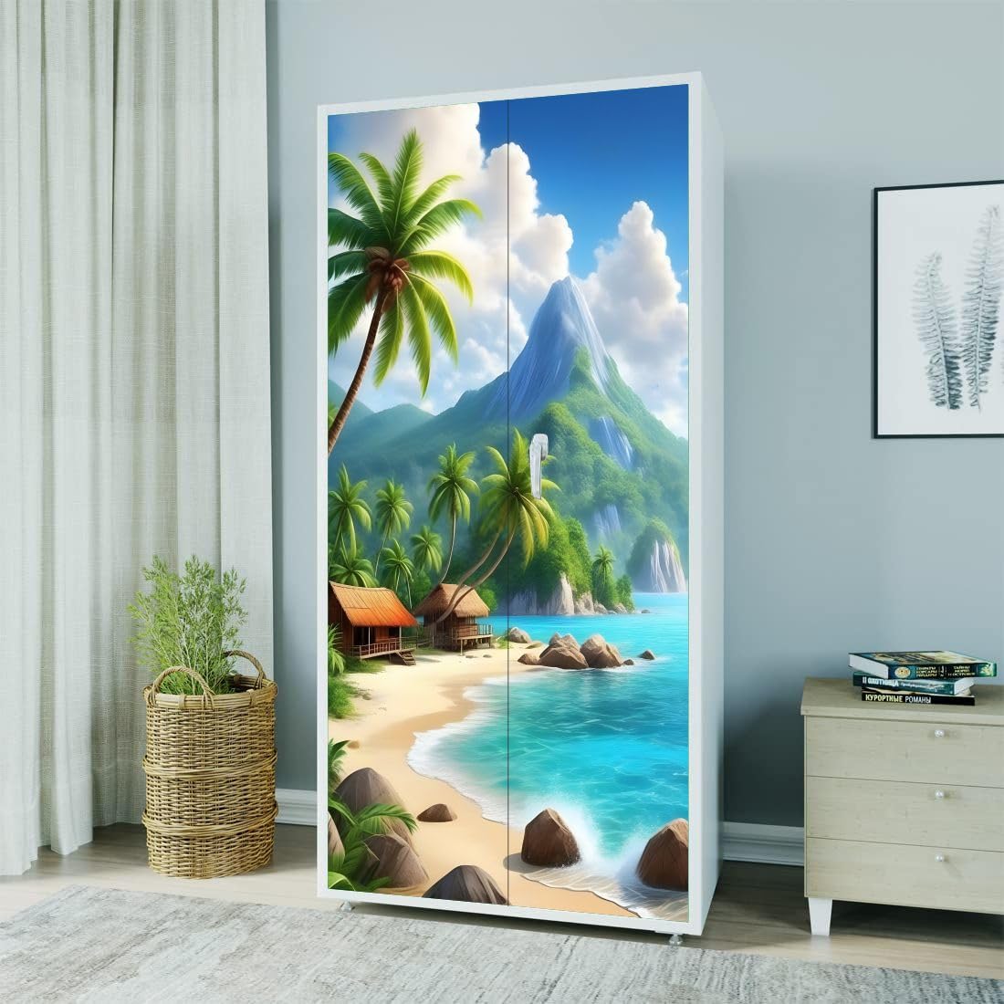 Almirah Sticker Waterproof Vinyl | Self-Adhesive Floral Design Wardrobe Cover | Bedroom Decoration | (198 x 86 cm) (Almirah Modern Design) (Multicolor (Nature))-picture-30