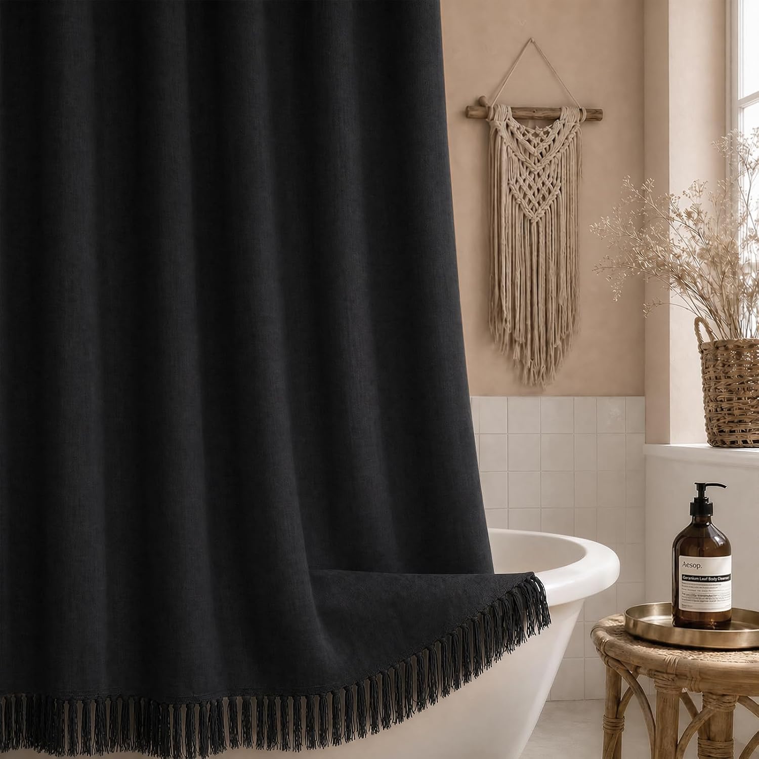 Extra Long 84 Inch Boho Shower Curtain Linen Beige with Tassel 72"W x 84"L