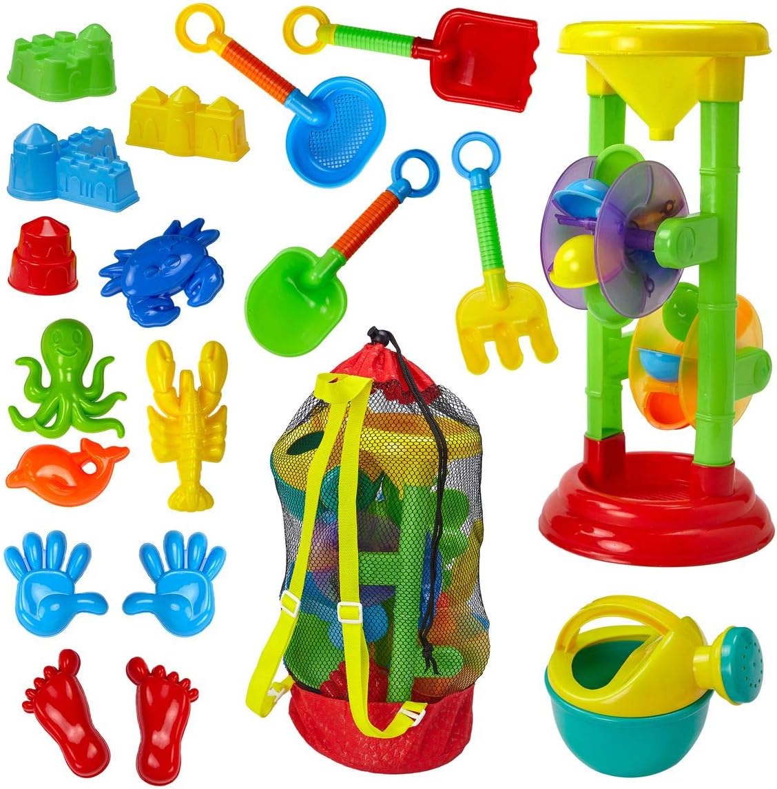Dragon Too Kids Beach Toy Set –19 Piece Kit in Mesh Backpack Bag - Shovels, Scoops, Buckets, Waterfall, Shapes and More for Sand Castles, Water Play and Sand Boxes