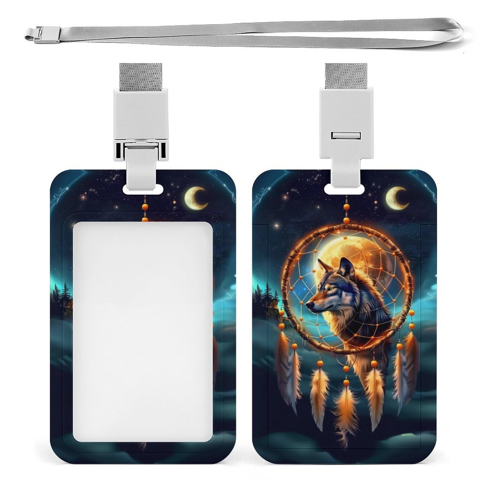 Dream Catcher Wolf Aurora Lanyard ID Badge Holder Case with 1 ID Window and Neck Strap for ID Driver Licence & Women Office