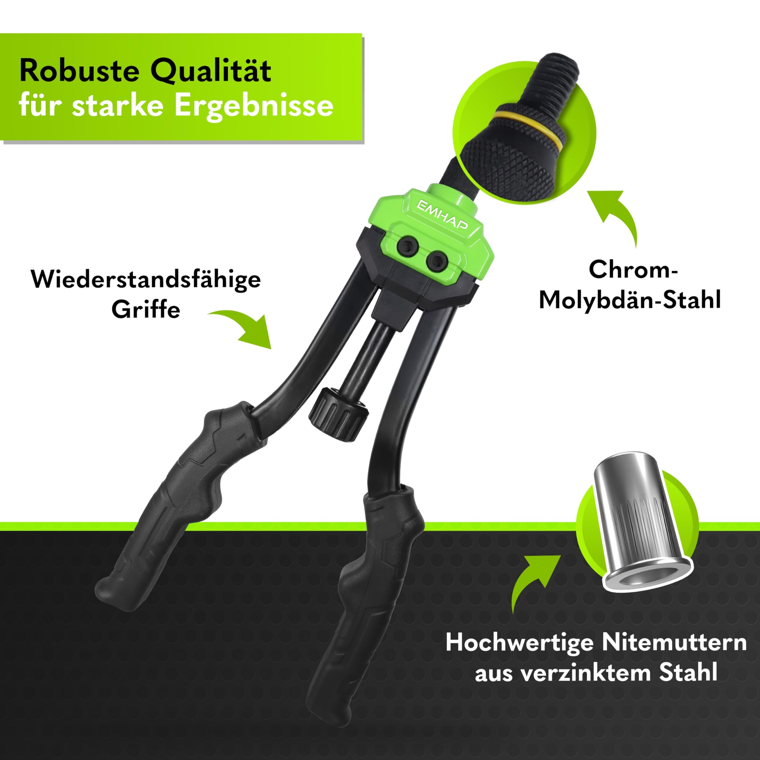 Klinkmoertang en blindklinknageltang, set, 12 inch werkbesparende handklinkmachine BT-606, handmatige klinkmachine met dubbel inzetstuk en groeven, met M3-M8 5 klinkmoeren & 50x blindklinknagels
