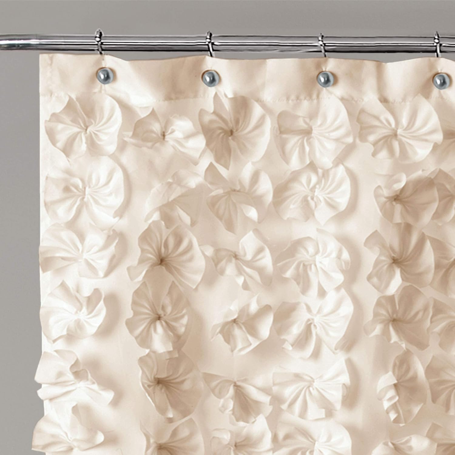Lush Decor Lucia Shower Curtain - Fabric, Ruched, Floral, Textured Vintage Chic, Farmhouse Style Design, 72” x 72”, Ivory