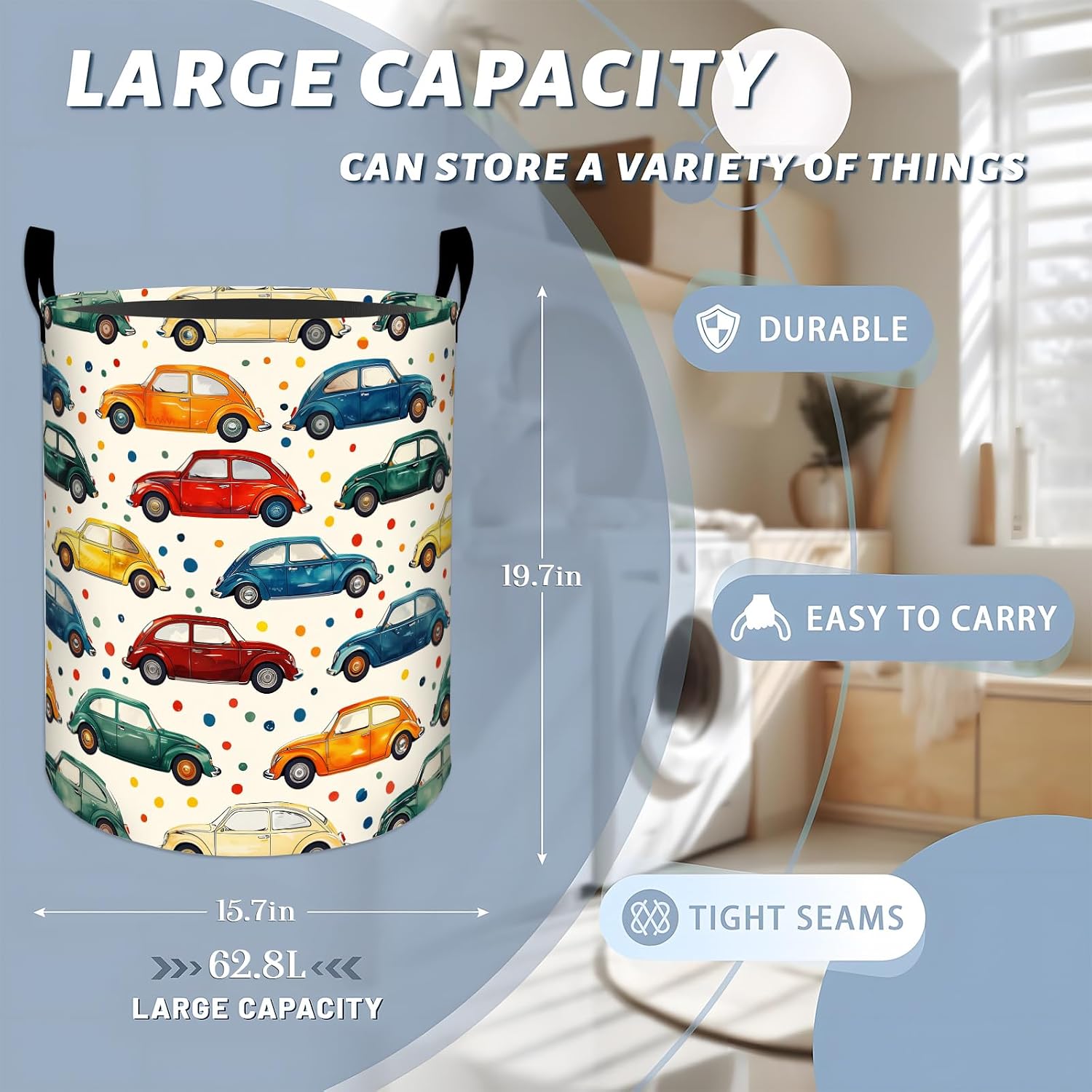 Colorful Cars Polka Dots Pattern Laundry Basket with Handles, 19.7"x15.7" Clothes Foldable Laundry Hamper Organizer for Dorm Nursery Bedroom Bathroom Decor, Toy Storage Bin for Kids image 3