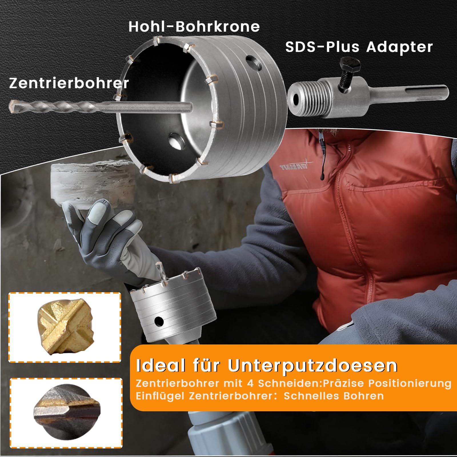 Steckdosenbohrer 82mm, Hohl-Bohrkrone Set Dosenbohrer 68mm mit SDS plus Adapter 110mm und Zentrierbohrer 8x110mm, Hammerschlagfest, Dosenbohrer, Lochsäge, Steckdosenbohrer, für Bohrhämmer