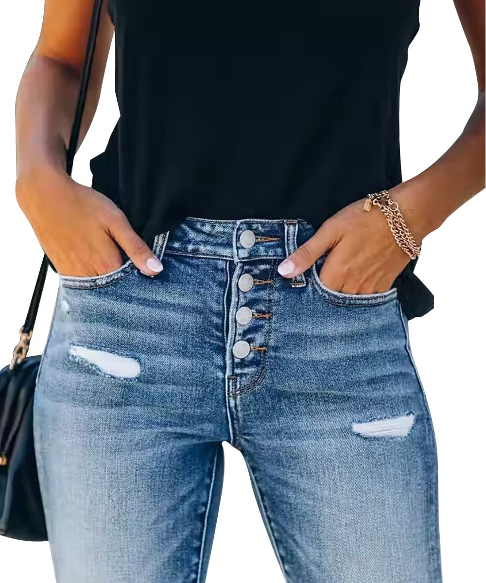 KUNMI Women's Ripped Skinny Slim Fit Jeans Frayed Distressed Stretchy Denim Pants image 3