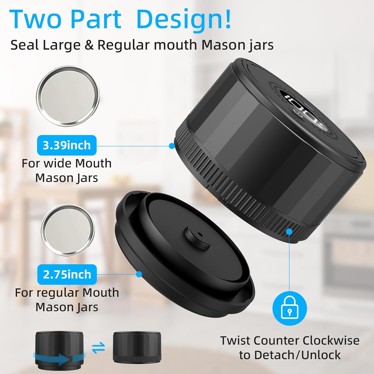 Mason Jar Vacuum Sealer, Mason Vacuum Sealer for Jars for Wide and Regular Mouth, Mason Jar Vacuum Sealer Kit with Auto Stop, Portable Mason Jar Sealer for Storing