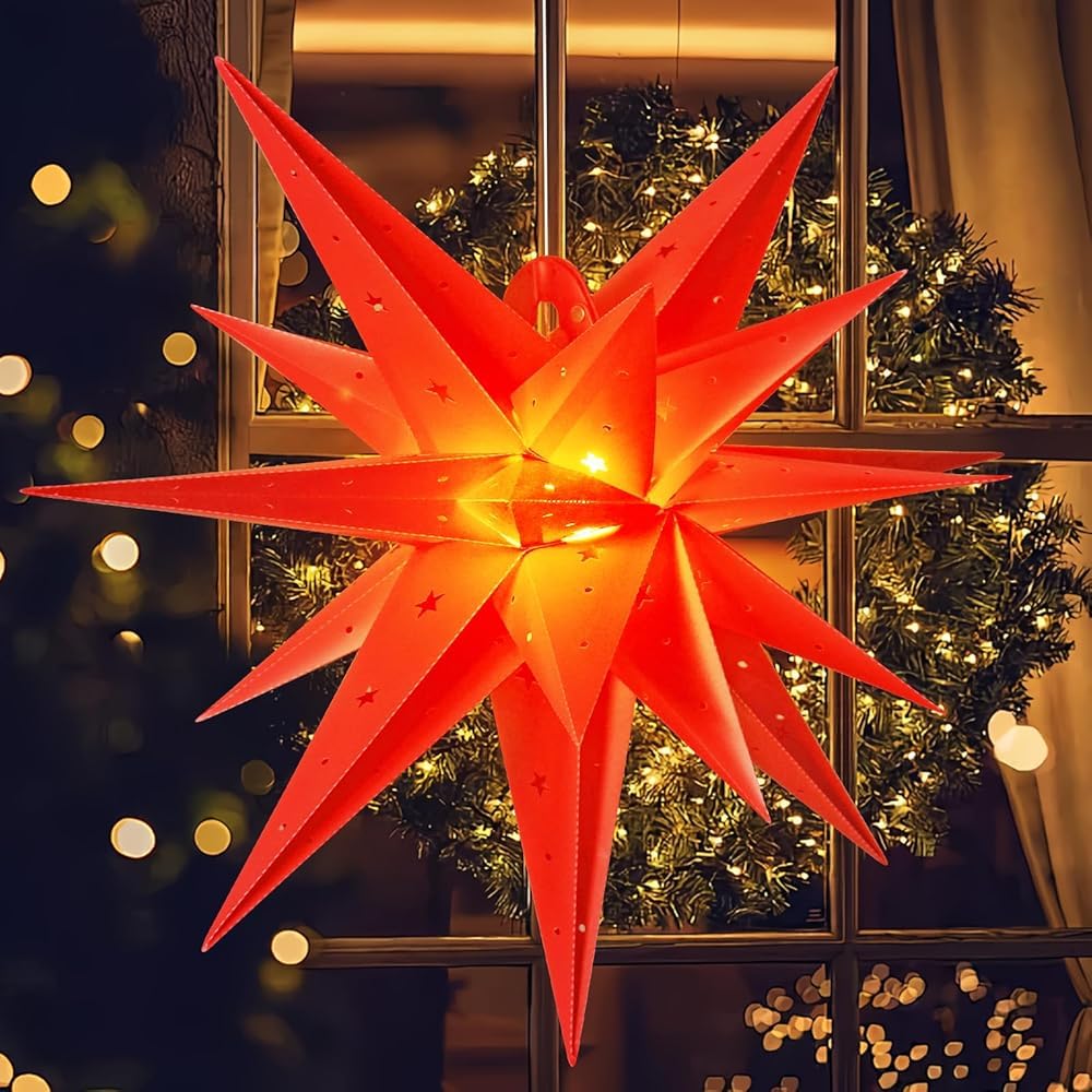 EASY JOY 21'' Red Large Christmas Star LED Paper Star Lanterns with Timer Battery Hanging Christmas Decoration 3D Luminous for Christmas Winter Home Indoor and Outdoor Decorations โ image 1
