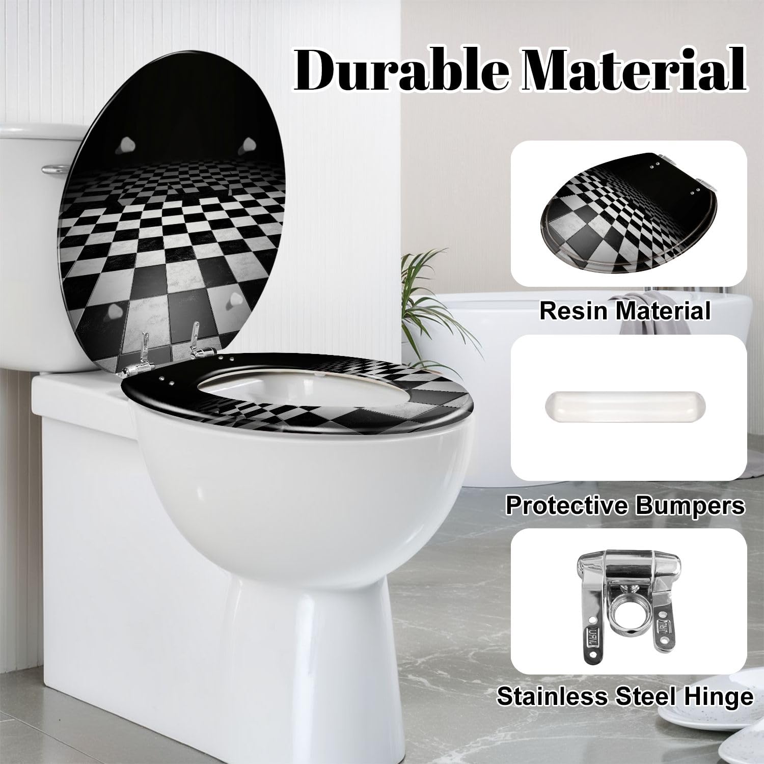 Asiento de inodoro redondo de resina con cierre suave para baño doméstico.