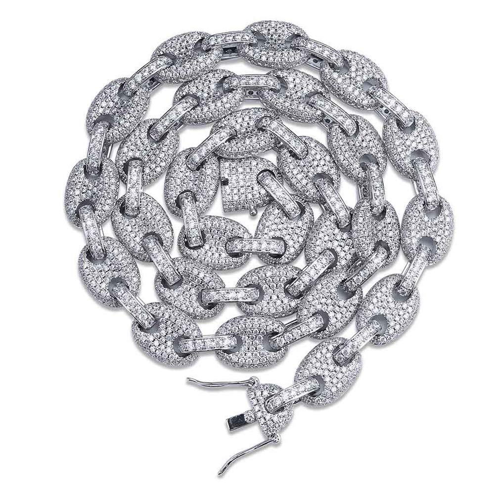 Collar de botón trenzado elíptico de cadena de oro grande sólido para hombre Micro-incrustaciones de circón Clavícula Cadena Hip-Hop Joyería-Silver-18inch