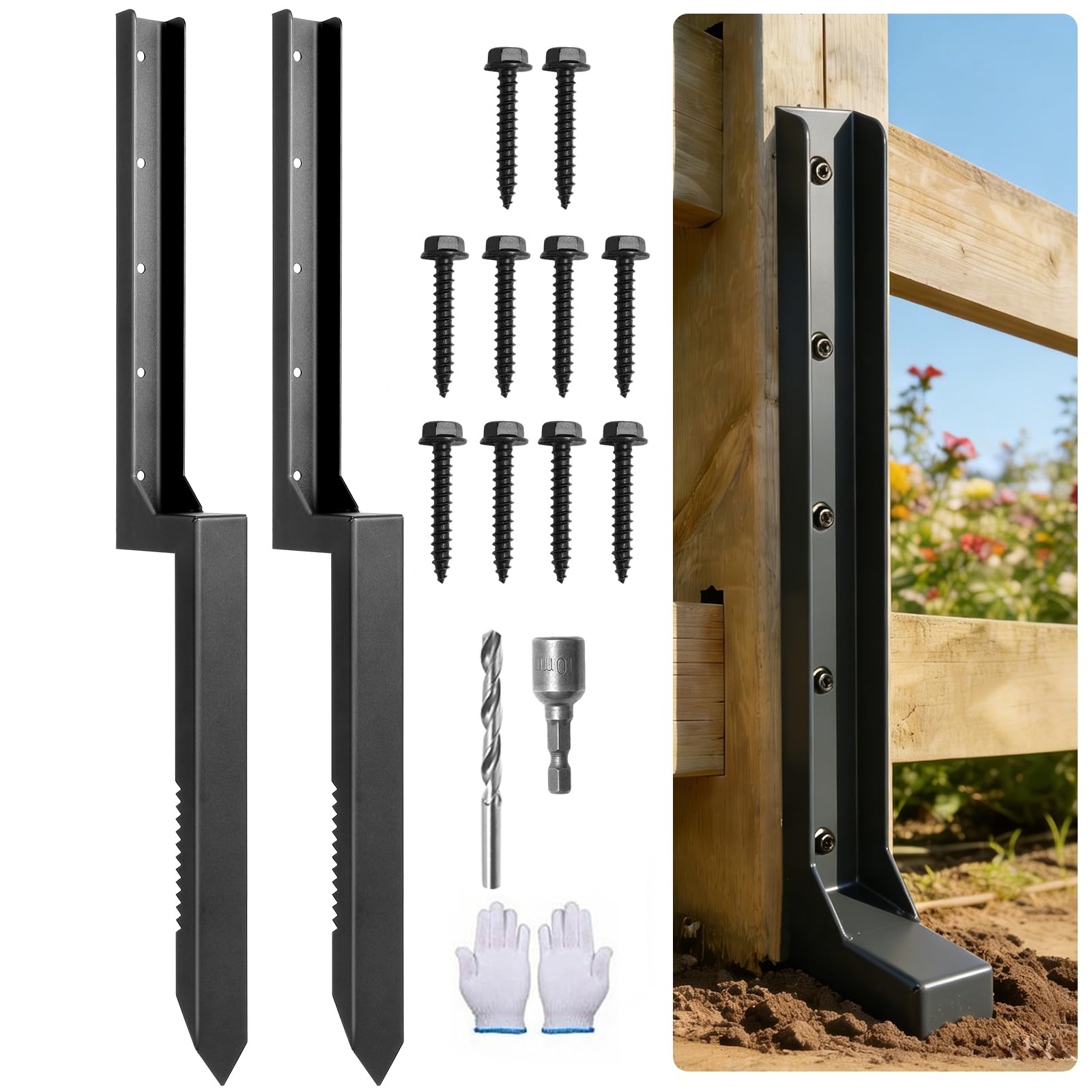 Heavy Duty Steel Fence Post Repair Stake with Serrated Edge 33.5 In–Ground Spike Anchor for Tilted or Broken Wooden Posts,2 Pack