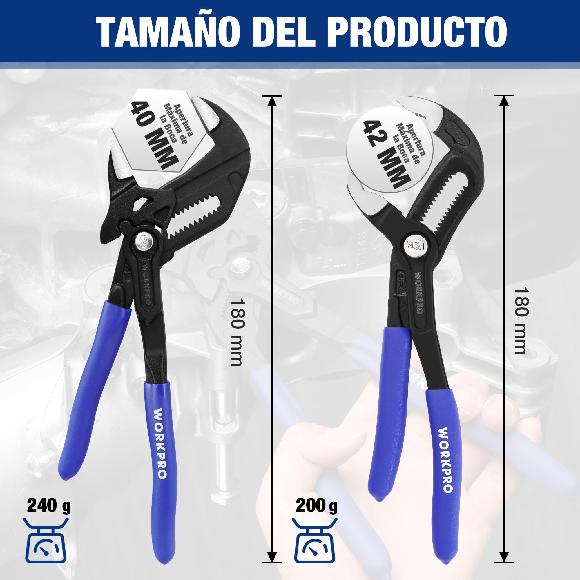 WORKPRO Juego de Llave Ajustable y Alicate de Bomba de Agua 2 Piezas, 180 mm, Alicate de Ranura sin Dientes y Llave para Tubos de Acero Cr-V Resistente, Ajuste Rápido para Trabajos de Reparación
