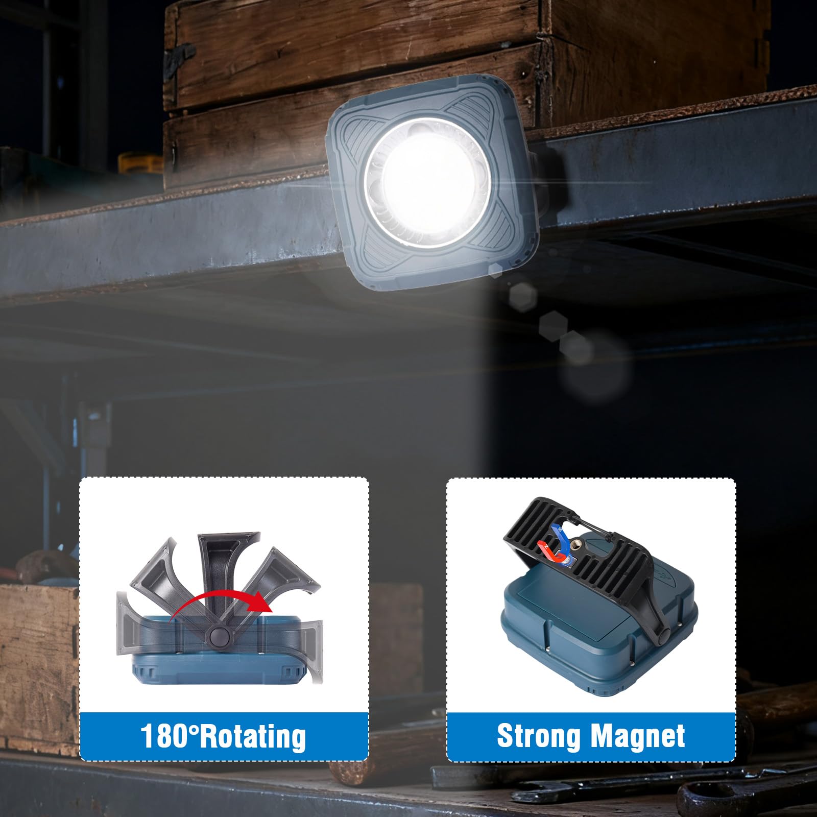 Lámpara de Trabajo LED Recargable, 4 Modos, Alta Luminosidad | Ajustable y giratoria, magnética, indicador de batería, 3600 mAh, apta para talleres, obras y situaciones de emergencia