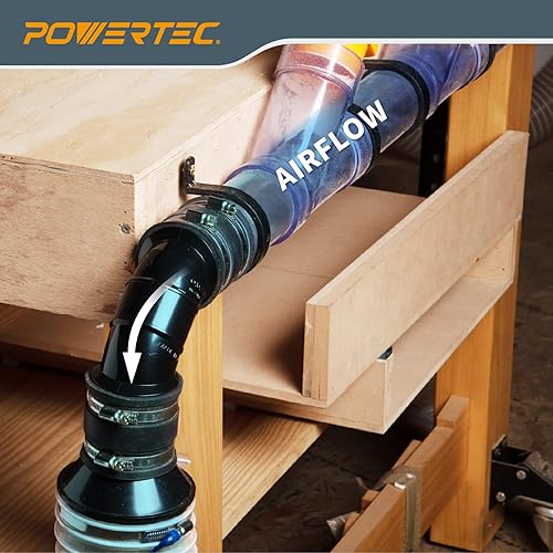 Miniatura 5 de POWERTEC 70344-P2 2-12" OD 90 grados Codo - Conector colector de polvo de plástico ABS (negro), paquete de 2