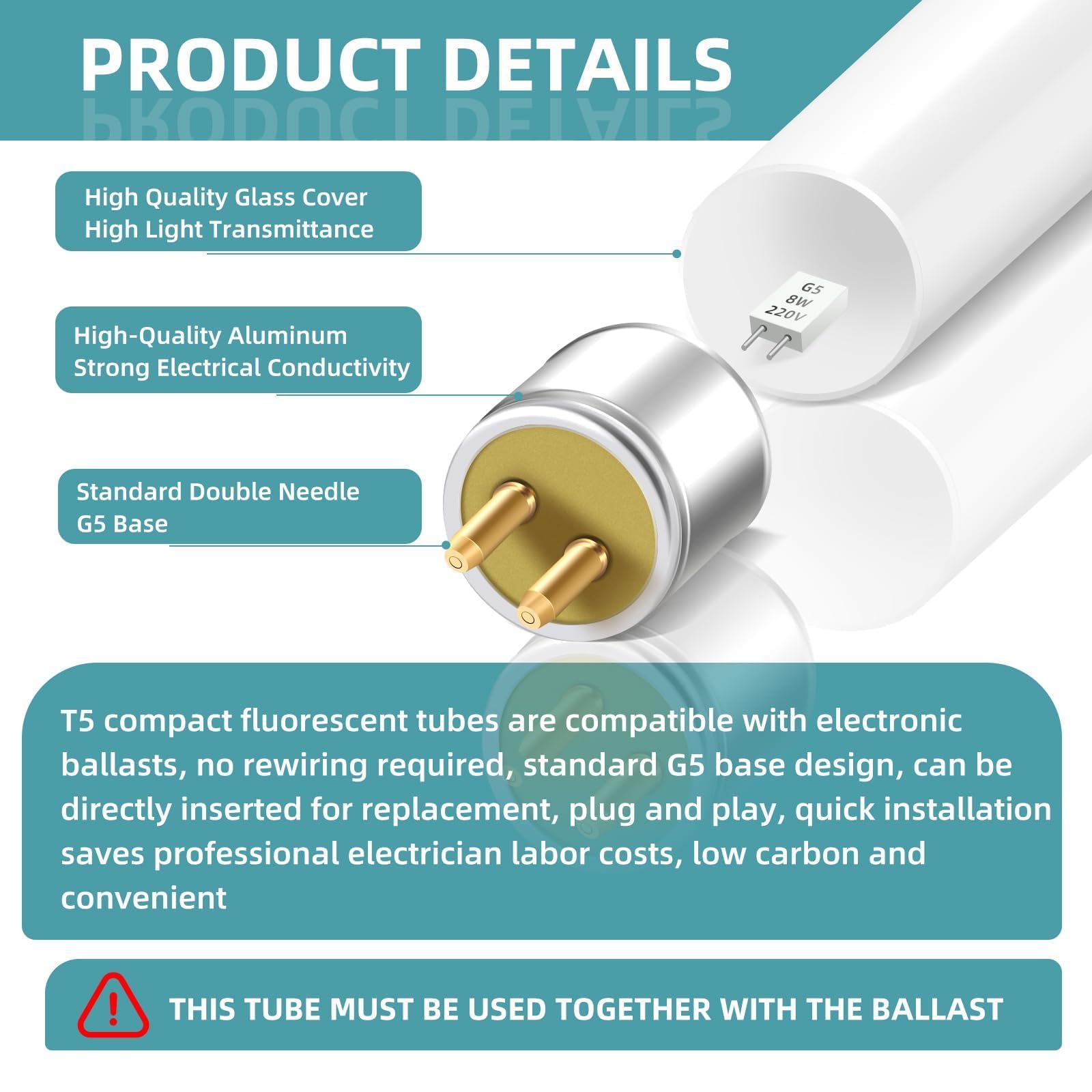 2 Pack Tubes Fluorescents 8W, 300mm,T5 Blanc Froid 4000K, 560LM, Base G5, Faible Consommation D'énergie, éclairage D'urgence à économie D'énergie, Convient Pour Cuisine, Salle De Bain, Armoire, Garage
