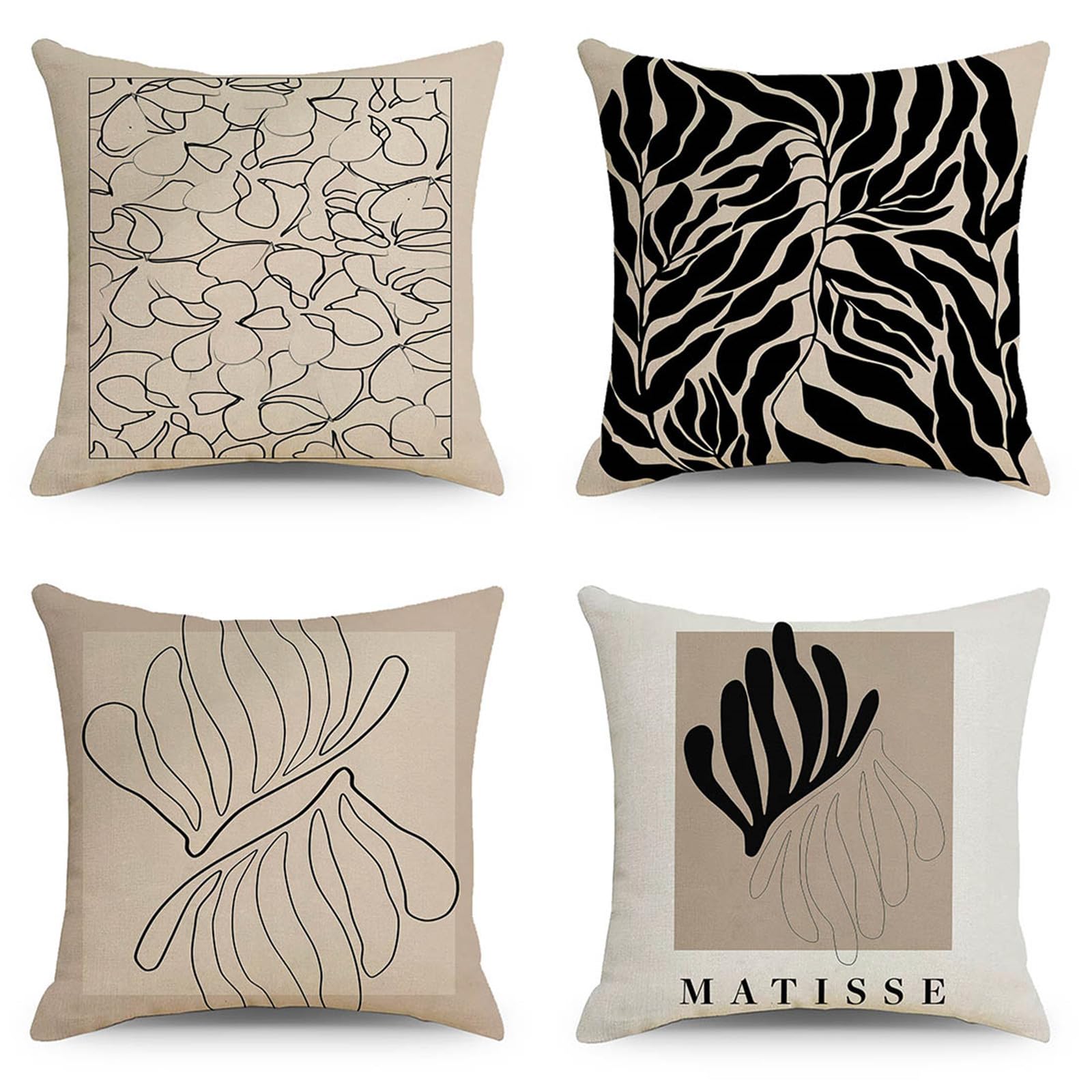 Housses de coussin 45x45 cm en lin lot de 4 taies d'oreiller carré motif feuilles pour salon