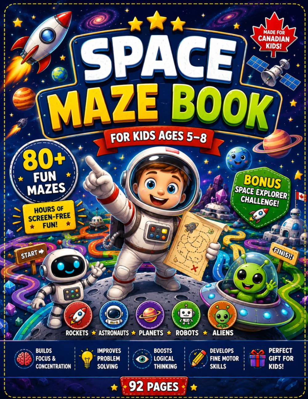 Space Maze Book for Kids Ages 5–8: 80+ Fun Space Mazes with Rockets, Astronauts, Planets, Friendly Robots, Aliens & Bonus Space Explorer Challenges