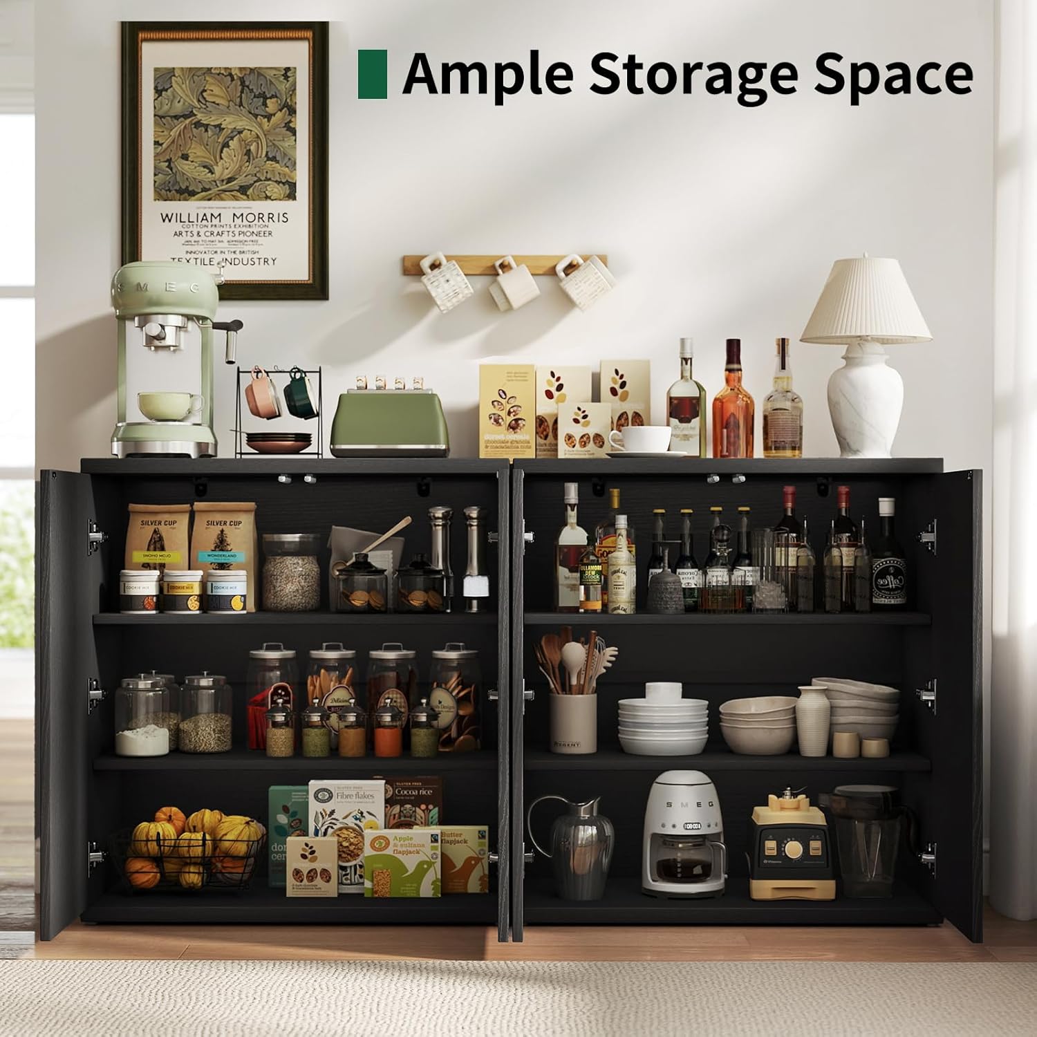 Fluted Sideboard Buffet Cabinet with Storage, Wood Sideboard Cabinet with Doors, Small Credenza Buffets & Sideboards for Kitchen, Accent Cabinets for Entryway Living Room Hallway Home, Black