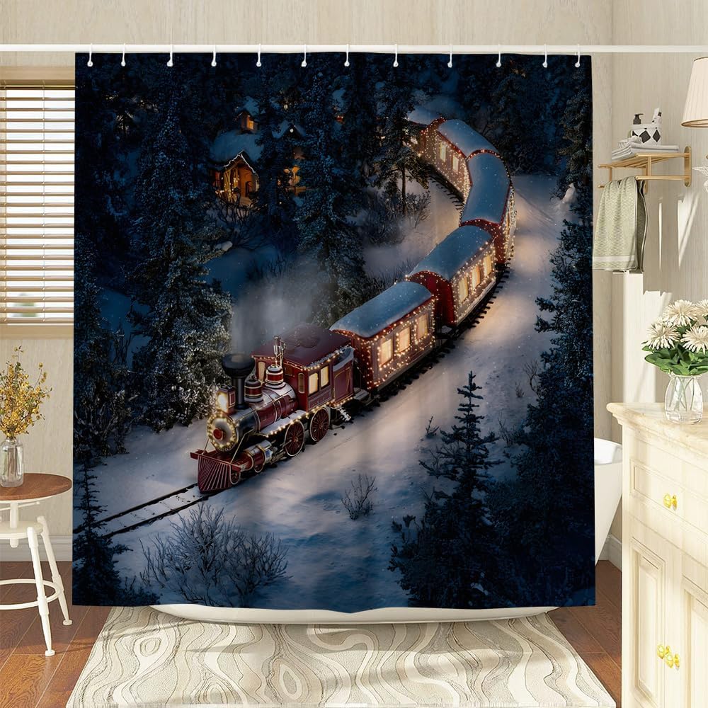 Winter Snow Shower Curtain Train Travels Through Pine Forest at Night Christmas Tree Snowflake Farmhous Cabin Polyester Fabric Bathroom Decor 70×78 Inch with Hook