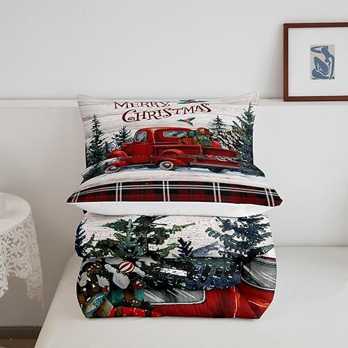 Miniatura 5 de Juego de edredón de Feliz Navidad, tamaño Queen, juego de edredón vintage de camión de Navidad rojo y negro, juego de ropa de cama de 3 piezas para